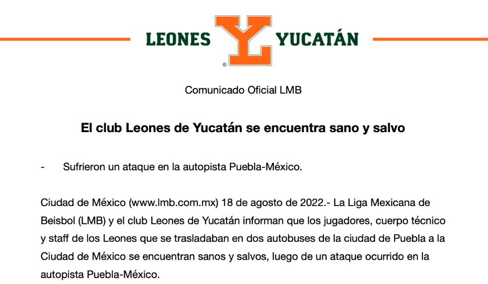 Luego de sufrir un intento de asalto en Puebla, el club Leones de Yucatán  informa que se encuentran sanos y salvos – Punto Medio